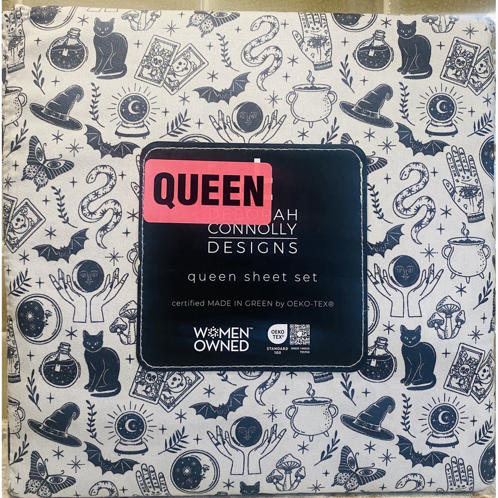 Deborah Connolly Designs Queen Sheet Set Halloween Black Cat Cauldron Tarot NWT